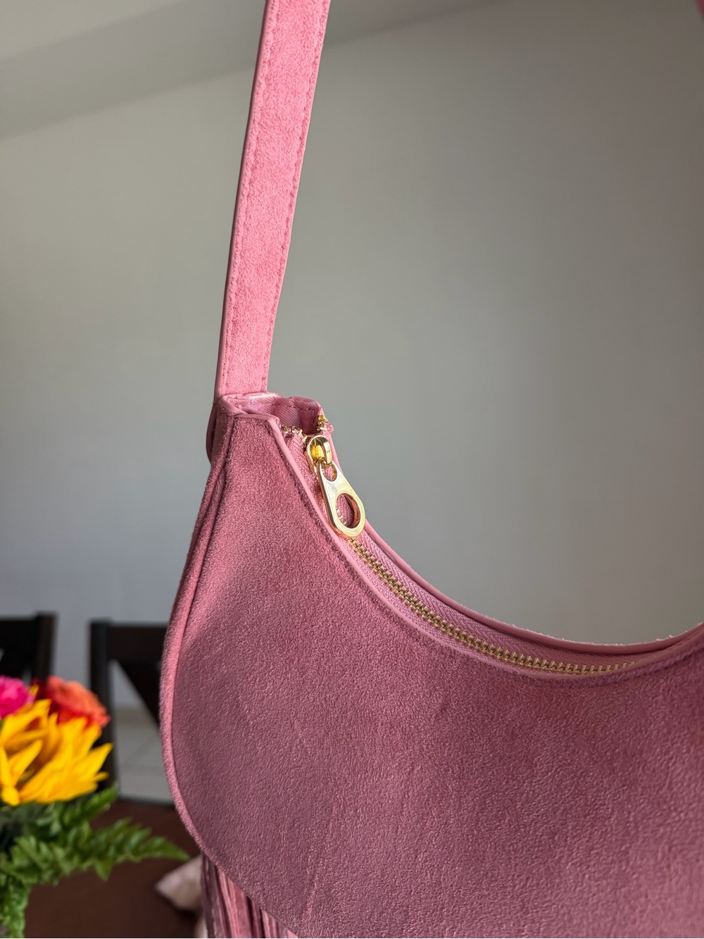 Pink Suede Fringe Shoulder Bag - Picture 2 of 7